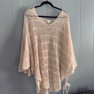 Garnet Hill open knit poncho sweater XL beige‎ boho coverup w/ side tie rope